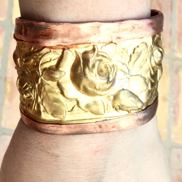 Rose Brass Copper Cuff Bracelet Wide Bohemian Repoussé Handmade Brutalist Rustic - Picture 8 of 8